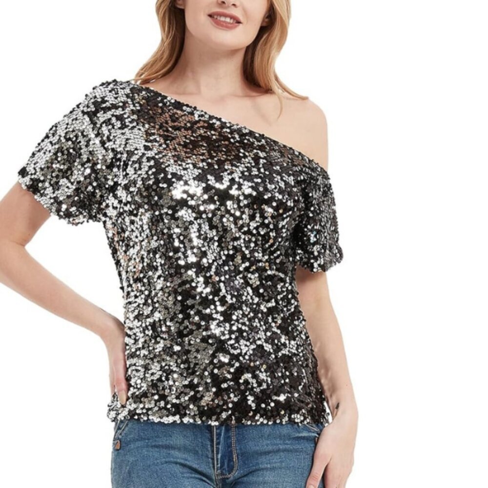 ANNA KACI Black Sequin‎ Off-Shoulder Top | Large *